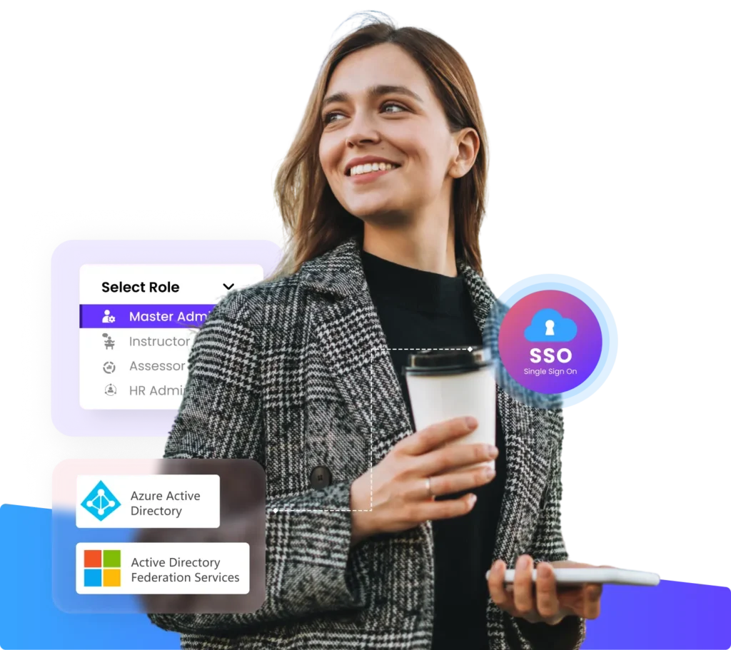 A professional women happily drinking coffee as she seamlessly access with simplified sign-on, effortless integrations