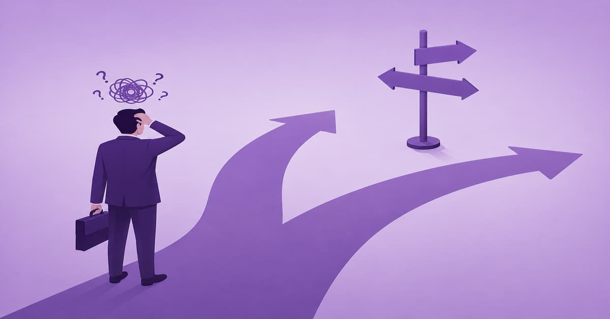 Confused professional choosing between career paths.